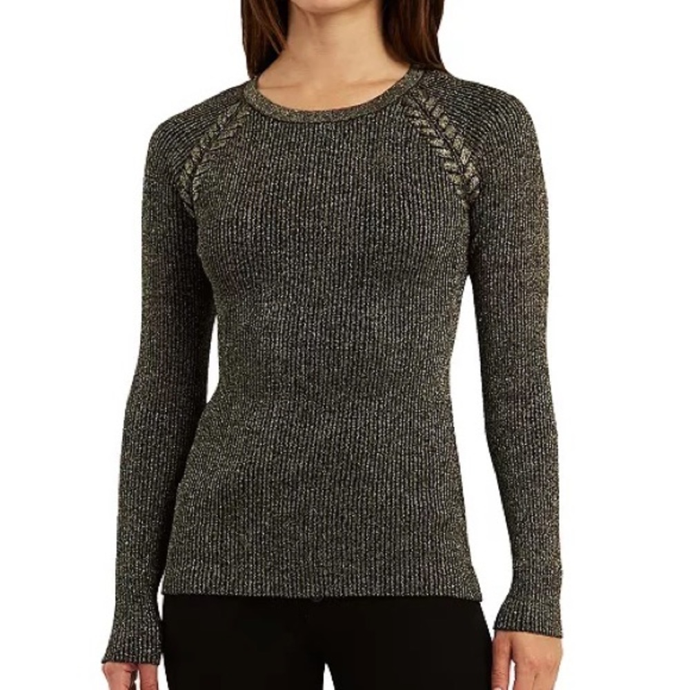 Black and Gold BCX Ribbed Braided-Shoulder Metallic-Thread Sweater.